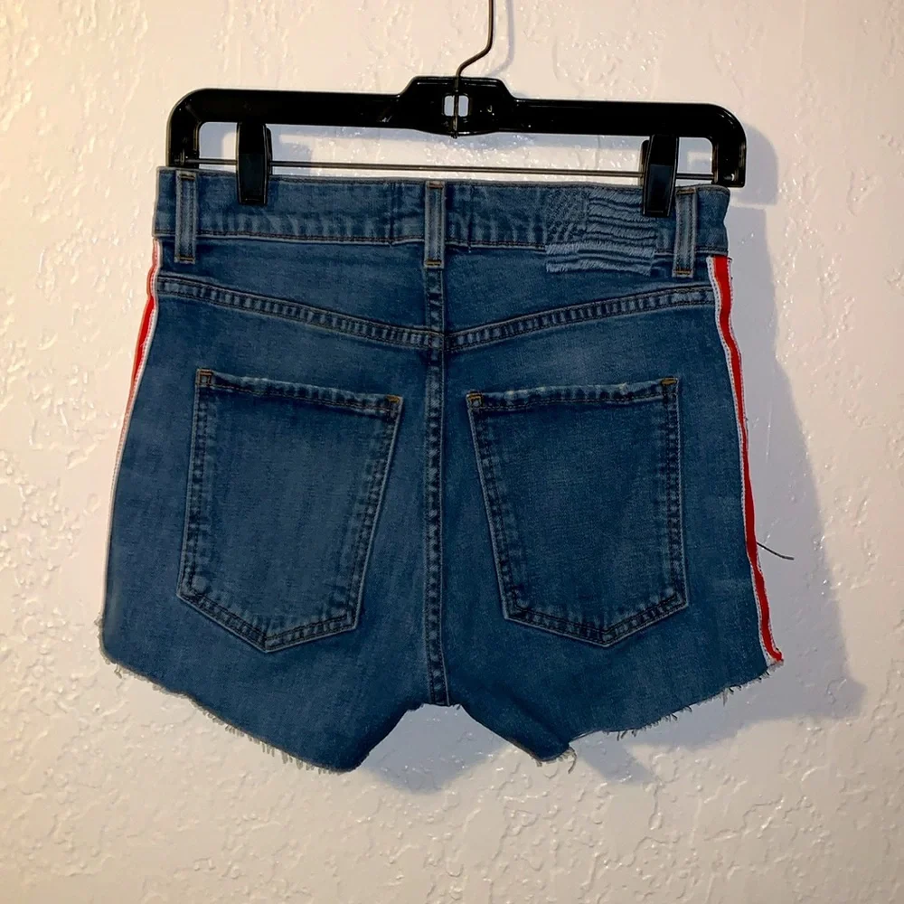 REVICE High Rise Red White Racer Stripe Raw Edge Blue Denim Short Shorts